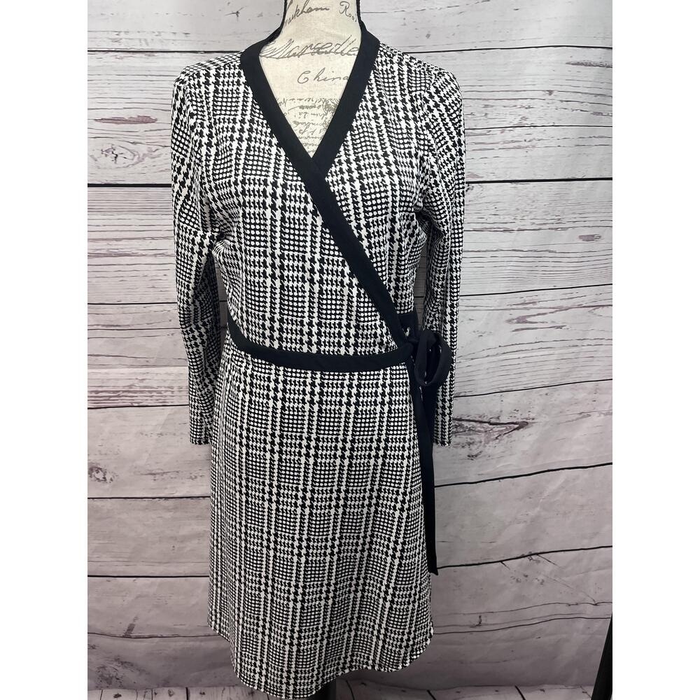 Tommy Hilfiger Black‎ White V Neck Plaid Wrap Dress Womens Size 14